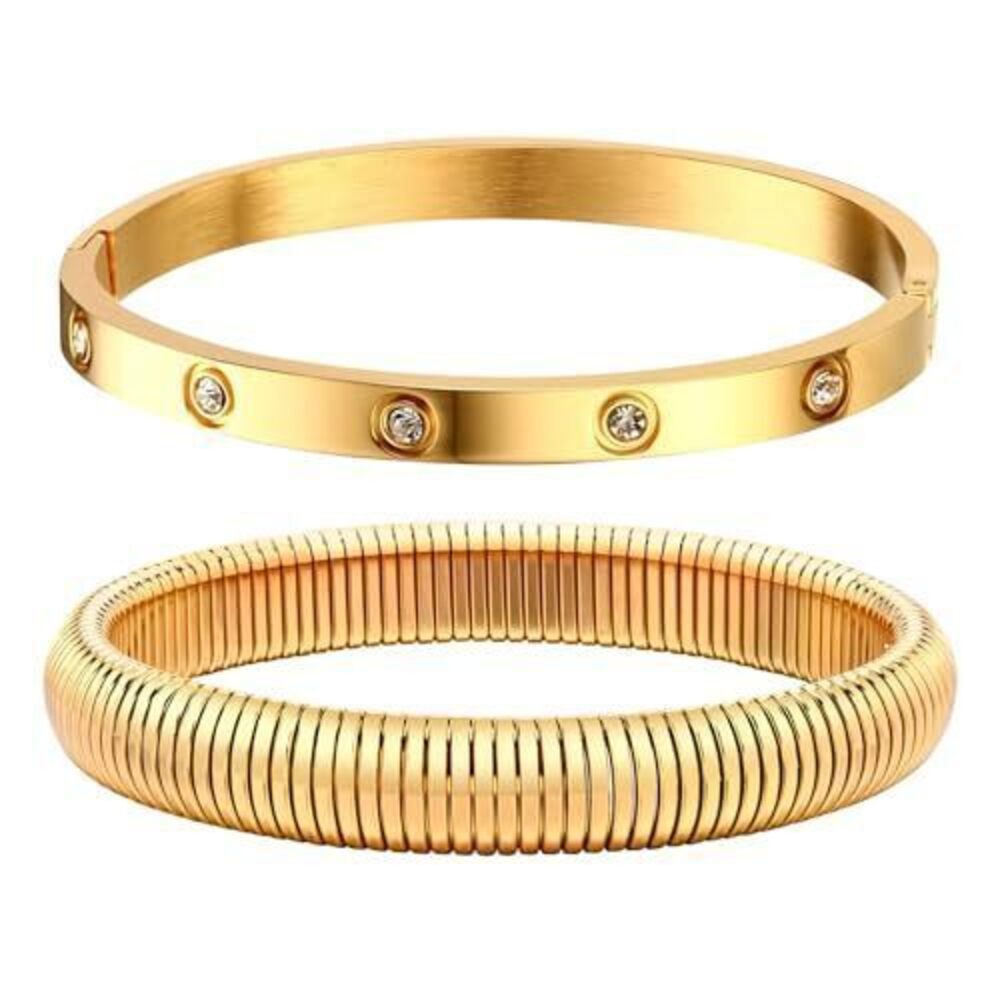 2983 Gold Bracelets , 2Pcs 18K Gold Plated Cubic Zirconia Bangle Crystal